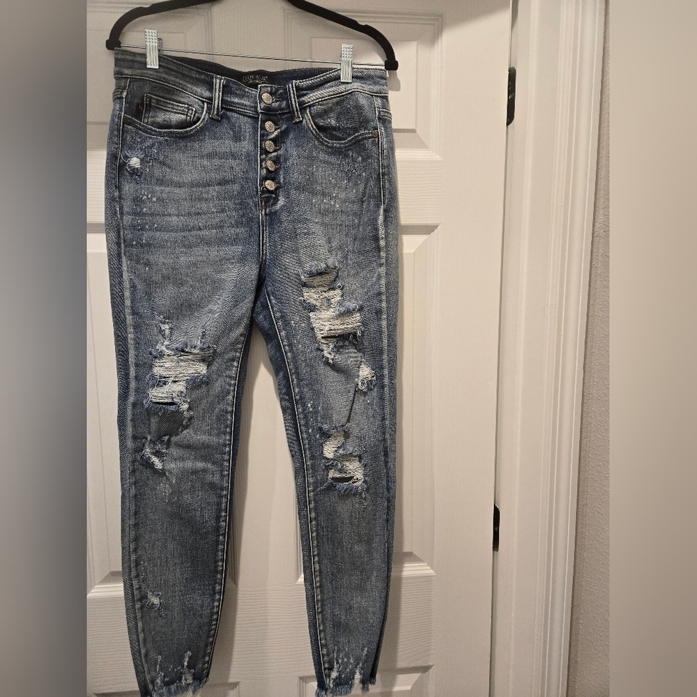Judy Blue Button Fly Distressed Skinny Fit, Fray Hem, Size 11/31